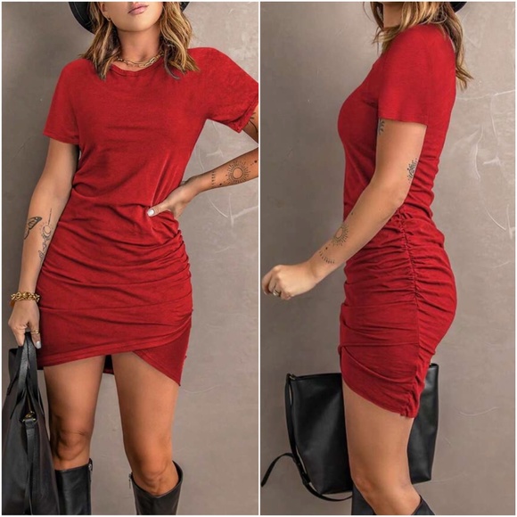 045 Solid Short Sleeve Mini Dress - Picture 5 of 6